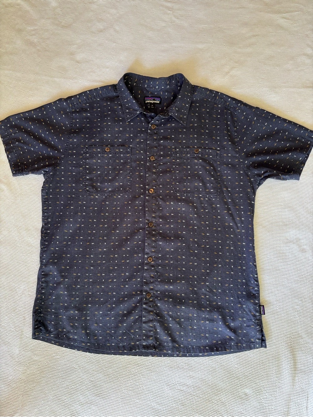Patagonia Navy Short-Sleeve Button-Down with Subtle Dot Print
